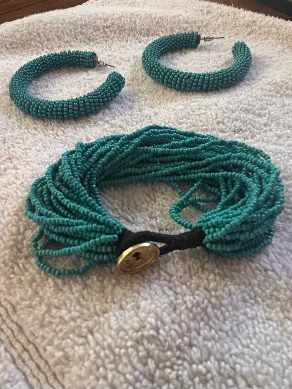 Turquoise Beaded Hoop Earrings and Multi-Strand Bracelet Set